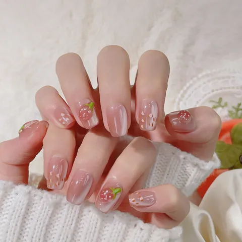 Unghie a Pressione 3D Fragola Fatte a Mano Dolci Occhio di Gatto Rosa Glitter Unghie Finte Donna Decorazione Quotidiana Nail Art