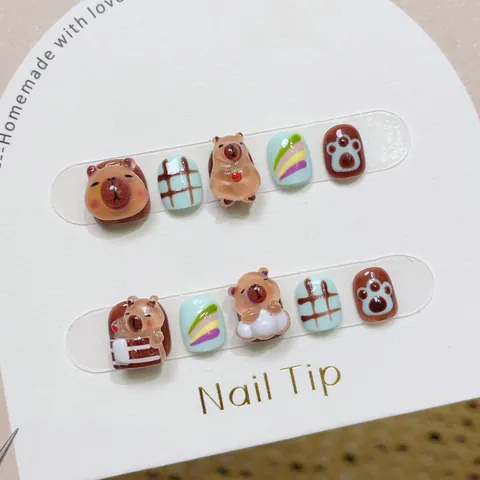 Uñas Postizas a Presión Hechas a Mano Dibujos Animados Capibara Para Niños Lindo Patrón Animal Uñas Postizas Para Niñas Decoración