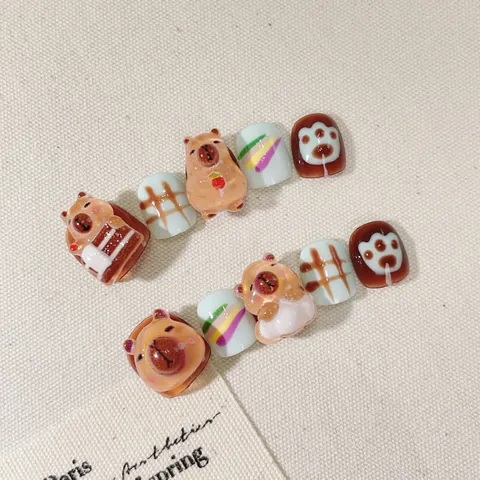 Uñas Postizas a Presión Hechas a Mano Dibujos Animados Capibara Para Niños Lindo Patrón Animal Uñas Postizas Para Niñas Decoración