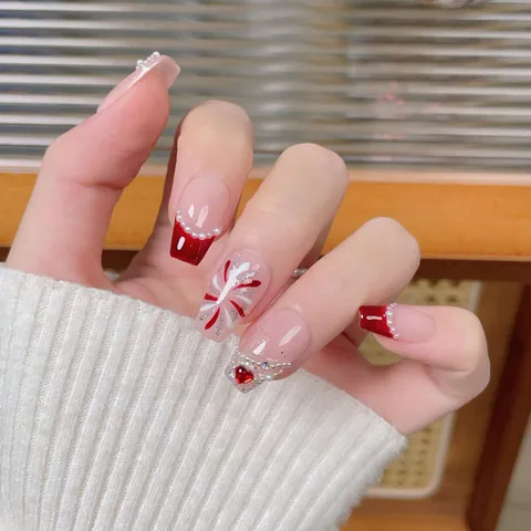 Handmade Press On Nails Red French Fireworks Design With Artificial Pearl Rhinestone Heart Star Decor Festive Manicure Women