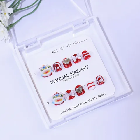 Manual Manual Nailart Children Press On Nails Lion Dance Theme Cute Bow Heart Decor Red White Festive Nails For Kids