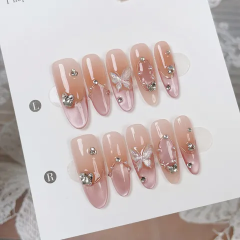 Handmade Press On Nails 3D Butterfly Long Oval Gradient Blush Cat Eye Luxury French Reusable Fake Nails For Women Jewelry