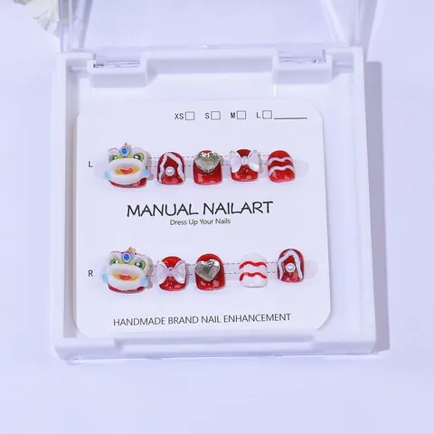 Manual Manual Nailart Children Press On Nails Lion Dance Theme Cute Bow Heart Decor Red White Festive Nails For Kids