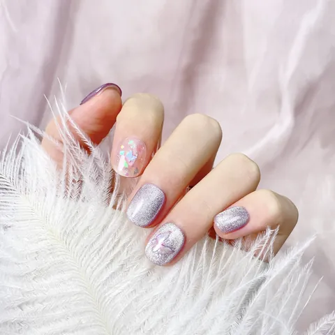 Handmade 3D Butterfly Press-On Nails Lavender Purple Cat Eye Shimmer Gel Fake Nails For Women Elegant Nail Art Decoration