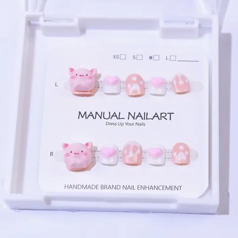 Handgefertigte Kinder Künstliche Fingernägel Süßes Cartoon Schwein Pink Weiß Herz 3D Design Für Kleine Mädchen Mode Nagelkunst