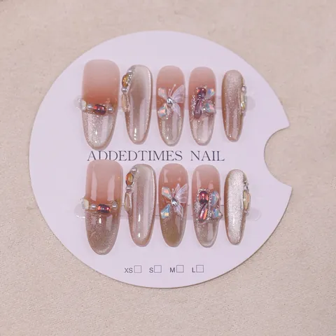 Handmade Cat Eye Press On Nails Butterfly Decoration French Luxury Champagne Gold Gradient Long Oval Fake Nails For Women