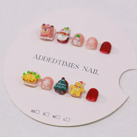 Kids Handmade Christmas Press-on Nails Cute Reindeer Snowman Pattern Holiday Fake Nails Children Festive Nail Decoration