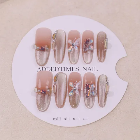 Handmade Cat Eye Press On Nails Butterfly Decoration French Luxury Champagne Gold Gradient Long Oval Fake Nails For Women