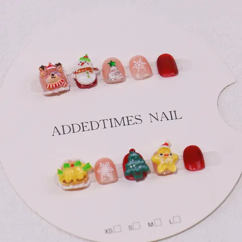 Kids Handmade Christmas Press-on Nails Cute Reindeer Snowman Pattern Holiday Fake Nails Children Festive Nail Decoration