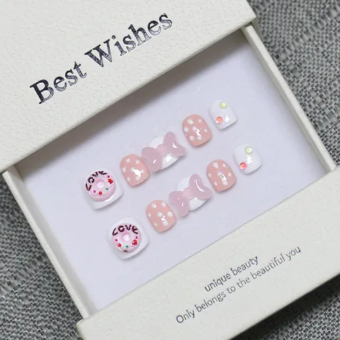 Faux Ongles Enfants Faits à la Main Design 3D Nœud Rose Donut Court Carré Coffret Cadeau pour Filles Bijoux de Fête