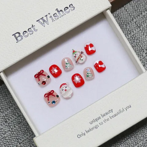 Faux Ongles à Presser Noël Fait Main pour Enfants 3D Père Noël Bonhomme de Neige Rouge Style Doux Courts Avec Boîte