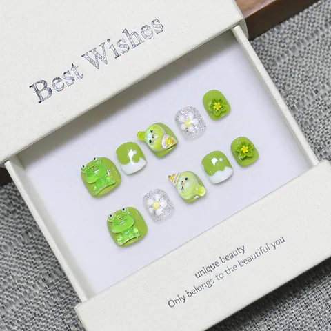 Faux Ongles 3D Fait Main Dessin Animé Grenouille Vert Blanc Motif Fleur Court Carré Rond Avec Boîte Cadeau Pour Enfants