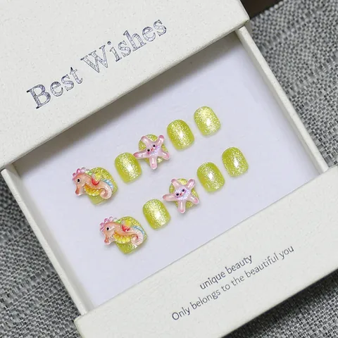 Handmade Kids Press On Nails Cute Ocean Theme Yellow Cat Eye Glitter Fake Nails With 3D Seahorse Starfish For Girls Gift