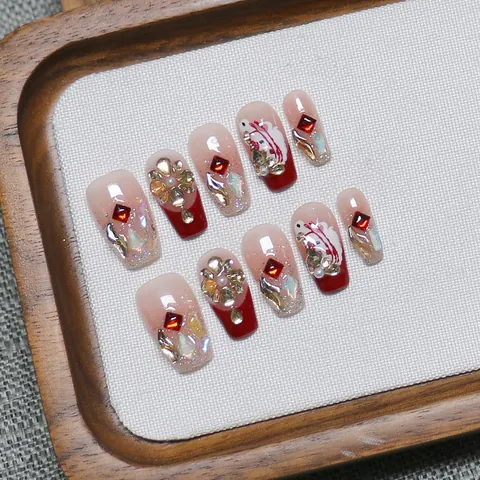 Handgefertigte Rote Farbverlauf Press On Nails Mit Strass Künstliche Perle Koi Muster Französisch Luxus Kunstnägel Für Damen Party