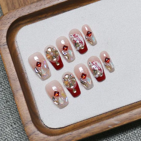 Handgefertigte Rote Farbverlauf Press On Nails Mit Strass Künstliche Perle Koi Muster Französisch Luxus Kunstnägel Für Damen Party