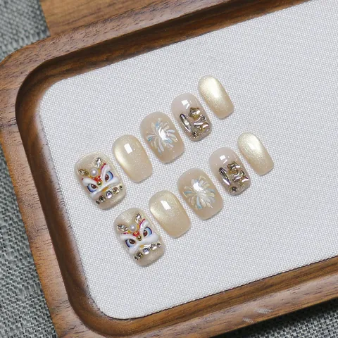 Handmade Chinese Style Lion Dance Press On Nails Cat Eye Gold 3D Relief Fireworks Luxury Decorative Fake Nails For Women