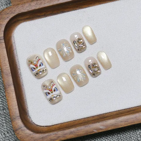 Handmade Chinese Style Lion Dance Press On Nails Cat Eye Gold 3D Relief Fireworks Luxury Decorative Fake Nails For Women