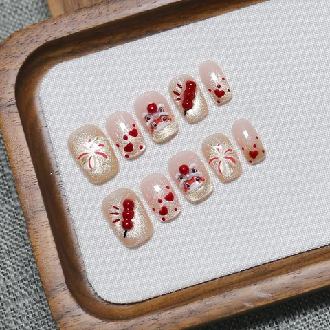 Handmade Chinese New Year 3D Lion Dance Press On Nails Short Square Cat Eye Gel Painted Pink Gold Fireworks Glue On Fake Nails For Women