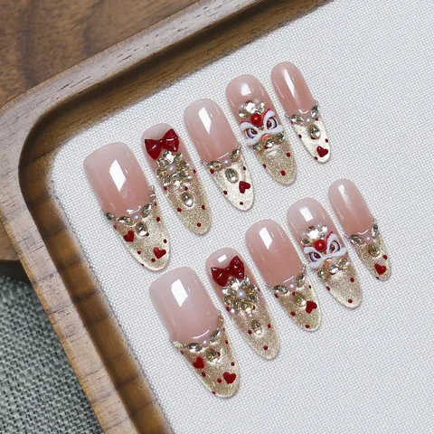 Handmade Lion Dance Press On Nails With 3D Red Bowknot Rhinestones Faux Artificial Pearls Pink Gold Gradient Festive Fake Nails For Women