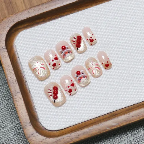 Handmade Chinese New Year 3D Lion Dance Press On Nails Short Square Cat Eye Gel Painted Pink Gold Fireworks Glue On Fake Nails For Women