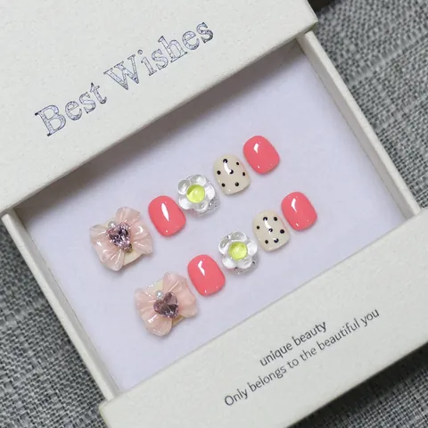 Handgefertigte Kinder-Künstliche Nägel Süße Rosa Schleife Strass Herz Muster Falsche Nägel Set Für Mädchen Süßer Stil DIY Maniküre Geschenk