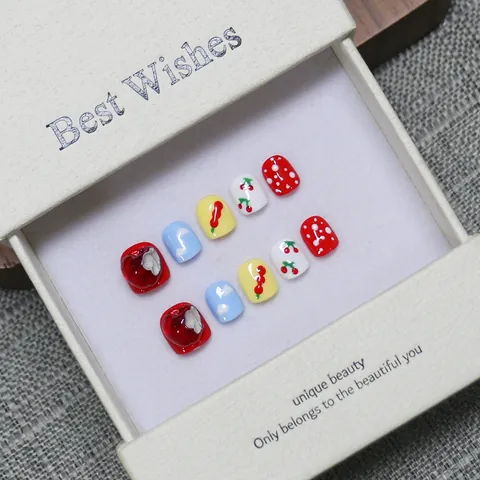 Ongles à Presser Faits Main pour Enfants Mignon Dessin Animé Pomme Cerise Motif 3D Résine Faux Ongles pour Filles Cadeau