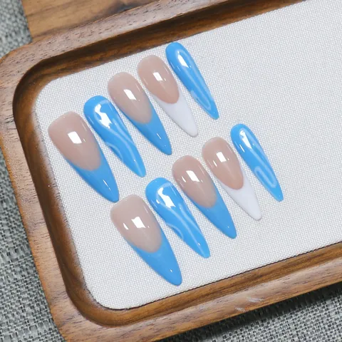 Uñas Postizas Hechas a Mano Estilete Largo Diseño Punta Francesa Azul Blanco Patrón Mármol Juego de Uñas Reutilizables Mujer