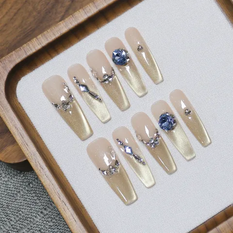 Faux Ongles Oeil de Chat Français Luxe Long Coffin Dégradé Or Nude Faux Ongles Faits Main avec Strass