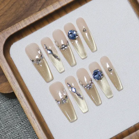 Faux Ongles Oeil de Chat Français Luxe Long Coffin Dégradé Or Nude Faux Ongles Faits Main avec Strass