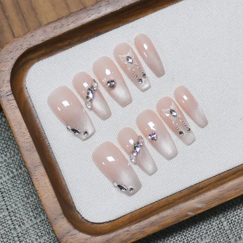 Handmade Coffin Shape Press On Nails Cat Eye French Style Rhinestone Butterfly Gradient Pink Milky White False Nails For Women