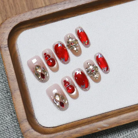 Uñas Postizas Hechas a Mano Ojo de Gato Rojas Estilo León Chino Diamantes de Imitación Mariposa para Mujer Fiesta