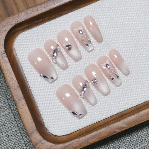 Handmade Coffin Shape Press On Nails Cat Eye French Style Rhinestone Butterfly Gradient Pink Milky White False Nails For Women