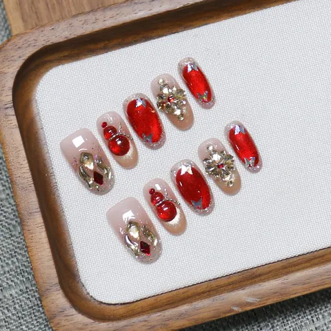 Uñas Postizas Hechas a Mano Ojo de Gato Rojas Estilo León Chino Diamantes de Imitación Mariposa para Mujer Fiesta