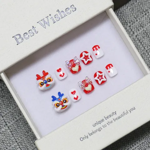 Kids Chinese New Year Press On Nails Three Dimensional Lion Dance Design Red White Short False Nails For Children Festive Gift