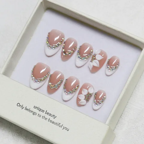Handmade 3D Flower French Press On Nails With Rhinestones Pink White Almond Shape Elegant False Nails For Women Nail Art Kit