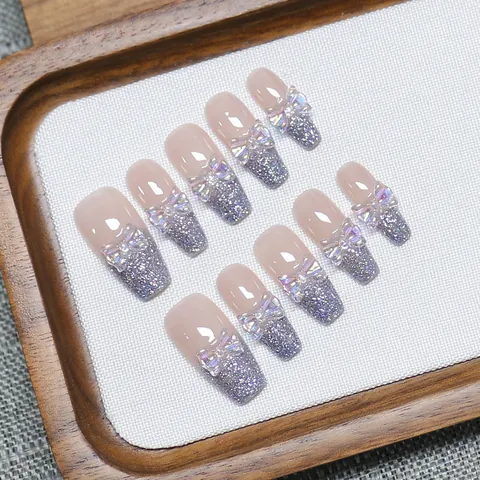 Handmade Press On Nails With 3D Rhinestone Bow Purple Gradient Nude Pink Glitter Fake Nails For Women Party Wedding Fashion Nails