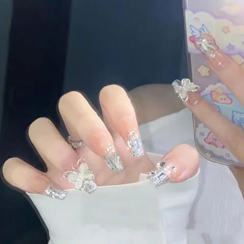 Handmade Luxury Press On Nails Silver Glitter Cat Eye Butterfly Bow-Knot Rhinestone Reusable False Nails Women DIY Art