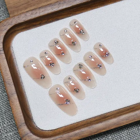 Handmade Pink Blush Gradient Press On Nails With Rhinestone Silver Glitter Long Oval Trapezoid Elegant False Nails For Women