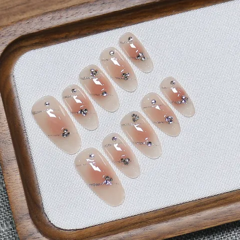 Handmade Pink Blush Gradient Press On Nails With Rhinestone Silver Glitter Long Oval Trapezoid Elegant False Nails For Women