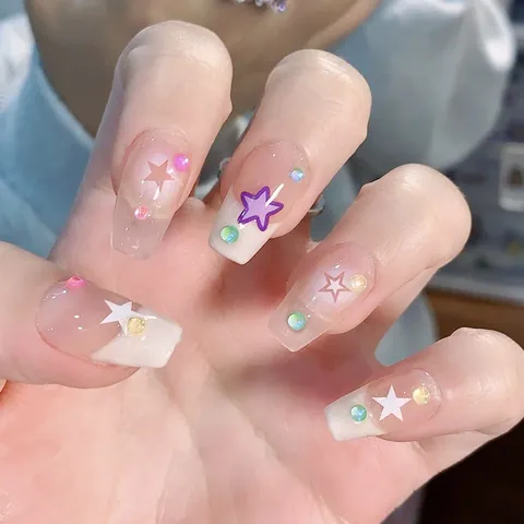Handmade Y2K Star Press On Nails Short Coffin False Nails Purple White Pentagram 3D Rhinestones Sweet Cute Decorative Artificial Nails