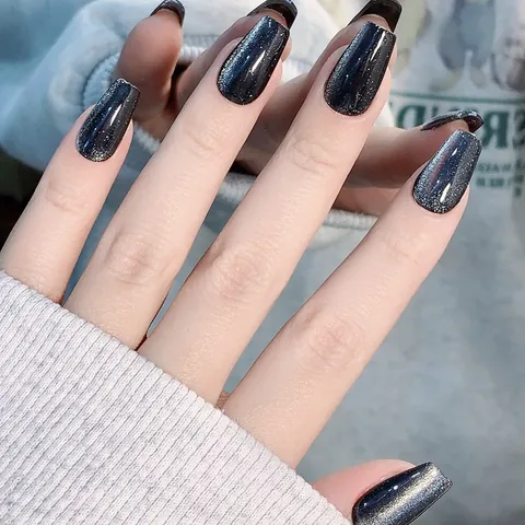 Luxury Handmade Starry Sky Obsidian Black Cat Eye Press On Nails Glossy Glitter Coffin Fake Nails For Women Nail Art Decoration