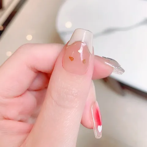 Handmade Press On Nails Pink Red Blush Gradient Design With Heart Pattern Gold Foil Glitter Accents Short Square Round Nails For Women