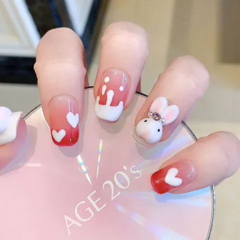 Faux Ongles à Presser Faits à la Main Design Lapin et Coeur 3D Dégradé Rouge Blanc Strass Faux Ongles Complets Kit Manucure