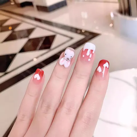 Faux Ongles à Presser Faits à la Main Design Lapin et Coeur 3D Dégradé Rouge Blanc Strass Faux Ongles Complets Kit Manucure