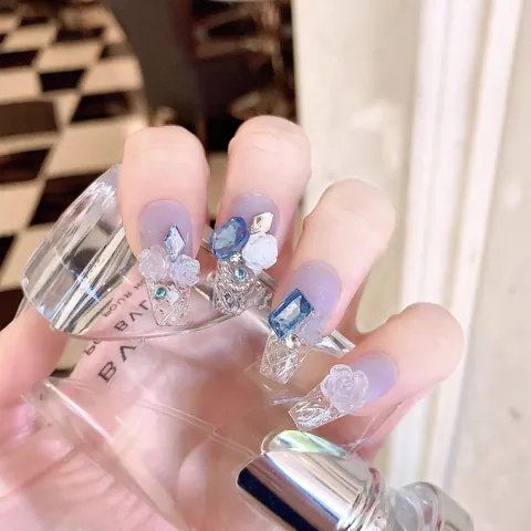 Unghie Finte Fatte a Mano Sfumatura Blu Rosa di Ghiaccio 3D Strass Unghie Artificiali per Donna Set per Nail Art di Lusso