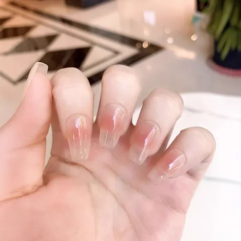 Handmade Blush Pink Gradient Press On Nails Coffin Shape Ice Translucent Glossy Reusable False Nails Set For Women Daily Wear