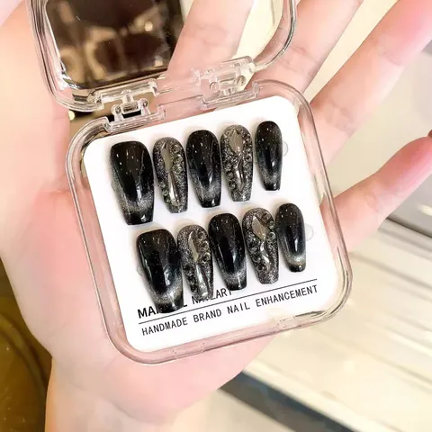 Uñas Postizas de Presión de Lujo Hechas a Mano Ojo de Gato Negro Coffin Largo con Diamantes de Imitación Uñas Artificiales Reutilizables