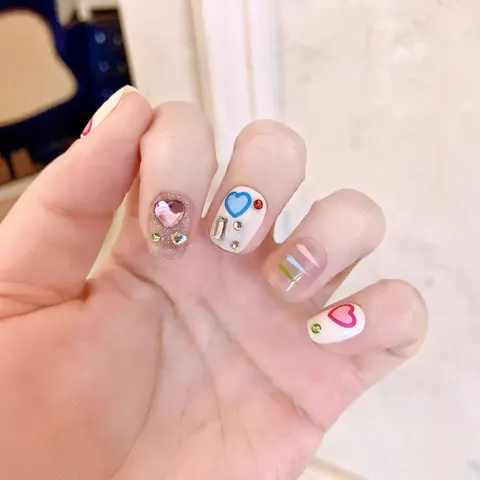 Handmade Y2K Sweet Heart Star Press On Nails Vintage Short Squoval Hand Painted Rhinestone Decoration Women Decorative Nail Art