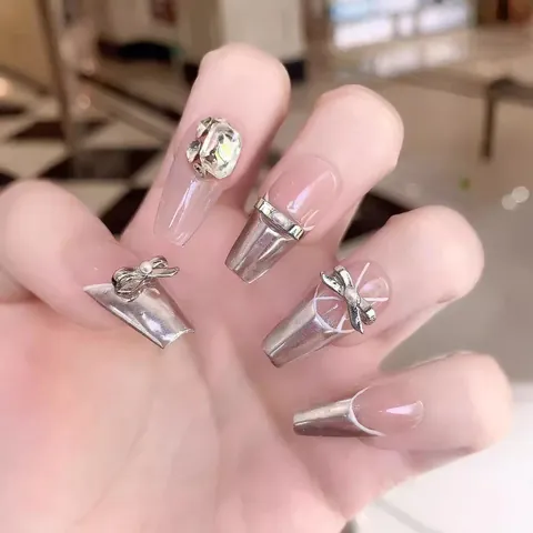 Handmade Press-on Nails Coffin Ballet Shape Silver Metallic Pink Bow Rhinestone 3D Luxury Decorative False Nail Art Tips