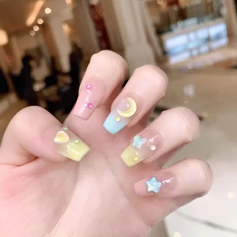 Uñas Postizas Hechas a Mano Decoración 3D Luna Estrella Mariposa Macaron Degradado Estilo Francés Lindas Uñas Postizas Mujer